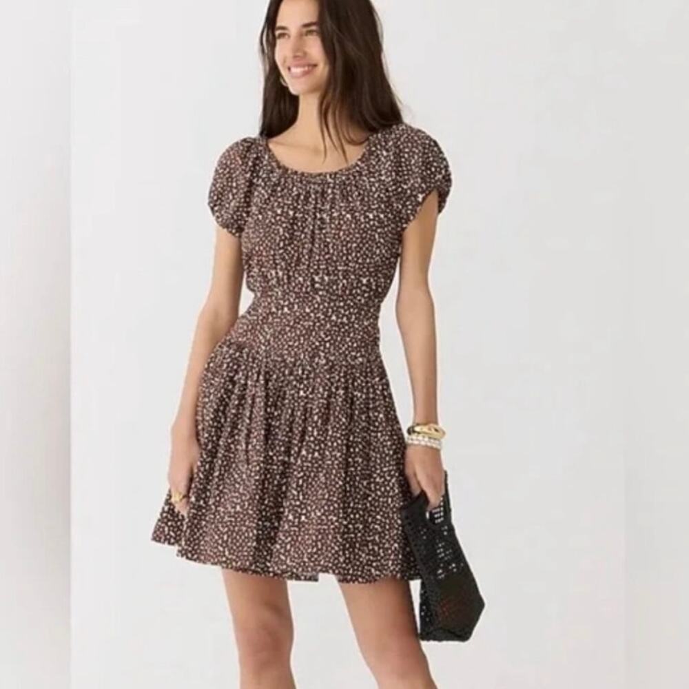 J. CREW Drop-Waist Cotton Poplin Mini Dress Size 12 Brown Mocha Floral Print